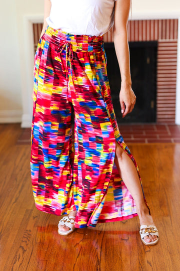 Vacay Vibes Kaleidoscope Smocked Waist Side Slit Palazzo Pants (Open Pack)