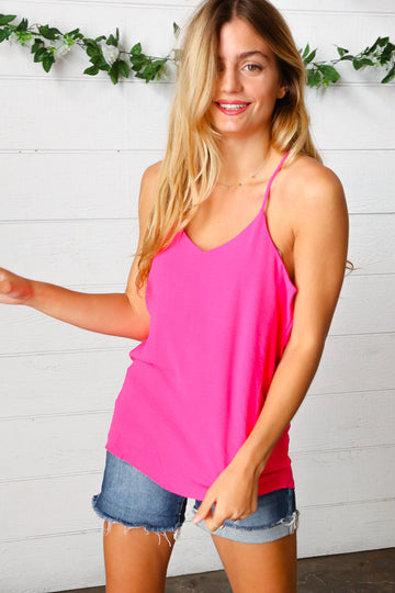 Hot Pink Adjustable Strap V Neck Lined Cami (Open Pack)