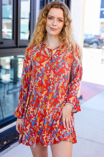 Under Your Spell Rust Floral Tie Front Elastic Bell Sleeve Dress (Open Pack)