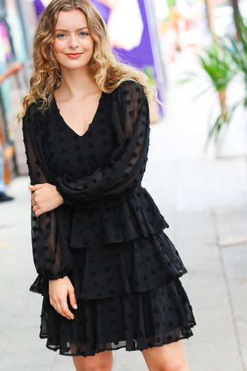 Holiday Vixen Black Chiffon Swiss Dot V Neck Tiered Ruffle Dress (Open Pack)