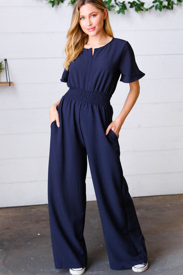 Dark Blue Smocked Waist Notch Neck Crepe Jumpsuit (Open Pack)