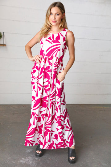 Magenta & White Floral Fit and Flare Sleeveless Maxi Dress (Open Pack)