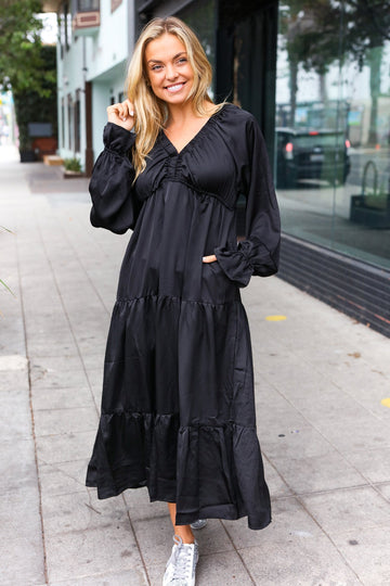 Elegant Black Elastic V Neck Tiered Satin Maxi Dress (Open Pack)