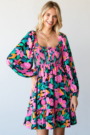 BABYDOLL DRESS FEATURING SQUARE NECKLINE, SMOCKED BUTTON