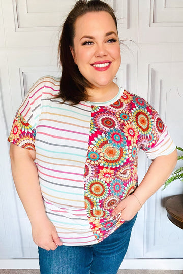 Always Fun Ivory & Fuchsia Stripe and Crochet Print Top (Open Pack)