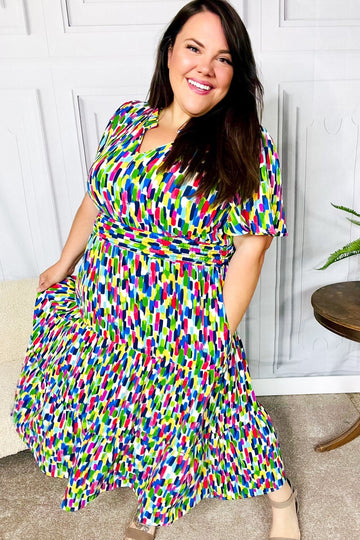 All For You Navy Multicolor Abstract Print Smocked Waist Maxi Dress (Open Pack)