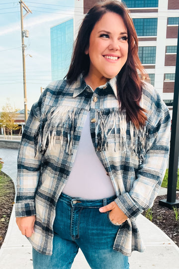 Boldly You Navy Plaid Fringe Button Down Shacket (Open Pack)