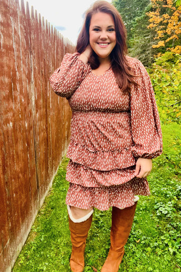 Feminine Flair Terracotta Leopard Print Ruffle Tiered Dress (Open Pack)