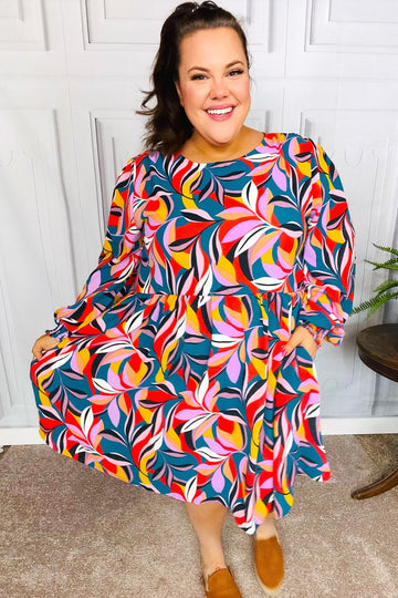 Perfectly You Teal Abstract Print Smocked Cuff Bubble Sleeve Dress (Open Pack)