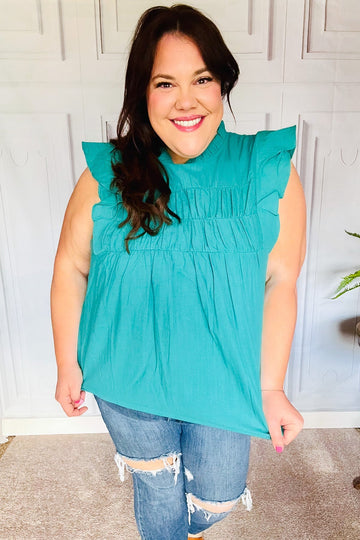 Love Life Cotton Turquoise Frill Mock Neck Flutter Sleeve Top (Open Pack)