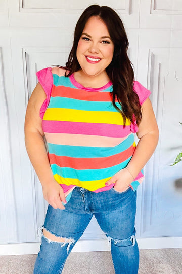 Relaxed Fun Mint & Fuchsia Stripe Flutter Sleeve Terry Knit Top (Open Pack)