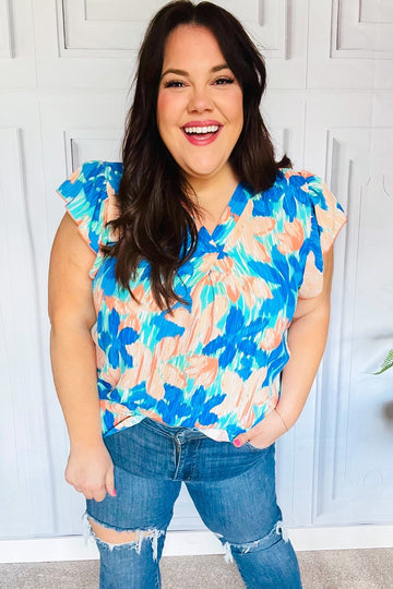 Tropical Breeze Turquoise Floral Banded V Neck Flutter Sleeve Top (Open Pack)