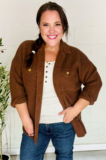 Plus Brown Button Down Ribbed Shacket