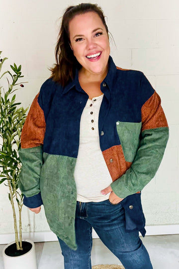 Plus Navy Combo Ribbed Color Block Shacket