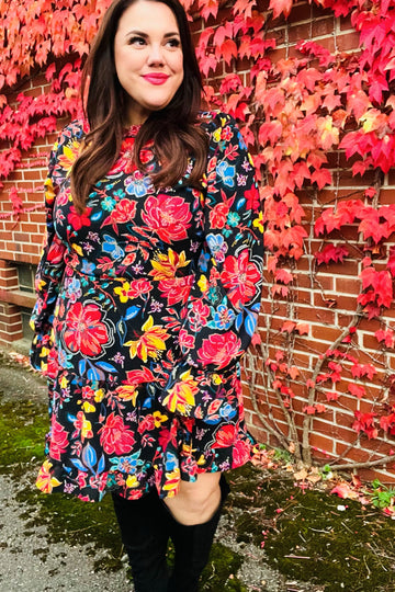 Lock Eyes Black Floral Sequin Print Ruffle Sleeve Frill Mock Neck Dress (Open Pack)
