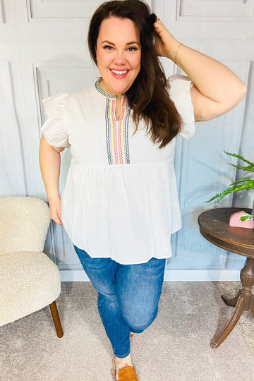 Weekend Ready Taupe Embroidered Notched Neck Babydoll Top (Open Pack)