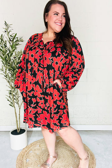 Boldly You Rust & Black Floral Print Front Tie Dress (Open Pack)