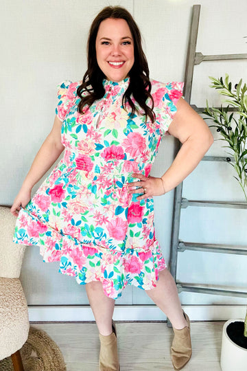 Under Your Spell Floral Smocked Flutter Sleeve Ruffle Mini Dress (Open Pack)