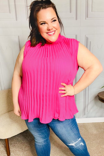 Sweet New Days Fuchsia Smocked Neck Pleated Sleeveless Top (Open Pack)
