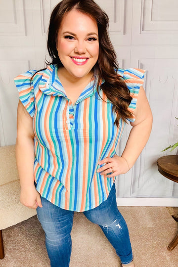 Happy Thoughts Sky Blue Striped Frill Button Down Top (Open Pack)