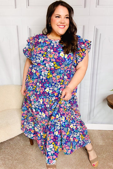 Just A Dream Navy Floral Smocked Ruffle Sleeve Maxi Dress (Open Pack)