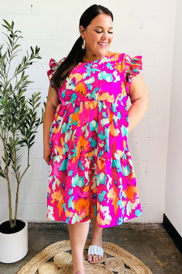 Look of Love Fuchsia Abstract Floral Print Smocked Ruffle Sleeve Dress (Open Pack)