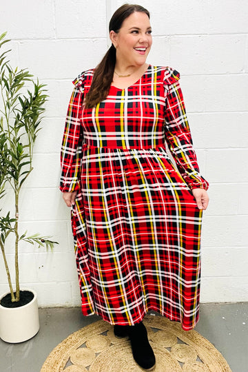 Adorable In Red Plaid Ruffle Detail Fit & Flare Midi Holiday Dress (Open Pack)