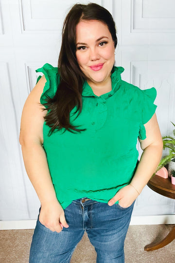 Glamorous In Kelly Green Textured Ruffle Mock Neck Top (Open Pack)