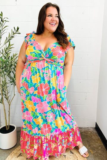 Vacay Vibes Blue Floral Print Twisted Neckline Maxi Dress (Open Pack)