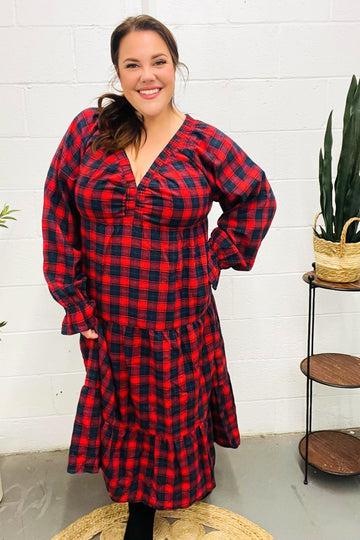 All I Want Red Plaid Elastic V Neck Tiered Maxi Holiday Dress (Open Pack)