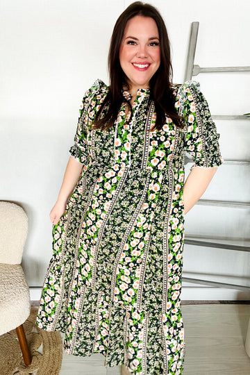 Hello Beautiful Black & Green Ruffled Notch Neck Babydoll Smocked Midi Dress (Open Pack)