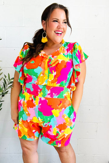 Under The Sun Abstract Floral Smocked Waist V Neck Flutter Sleeve Romper (Open Pack)