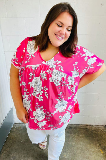 Fuchsia Floral V Neck Dolman Top (Open Pack)