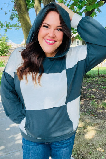 Adorable In Hunter Green Color Block Check Print Terry Hoodie (Open Pack)