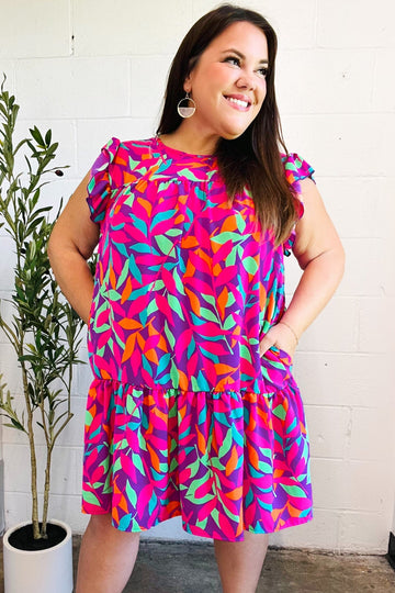You Got This Purple Abstract Floral Print Tiered Ruffle Sleeve Dress (Open Pack)