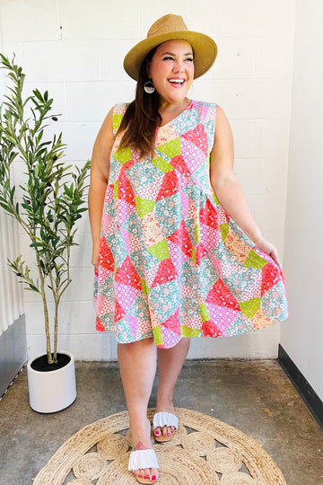Hello Beautiful Peach & Sage Patchwork Babydoll Swing Dress (Open Pack)