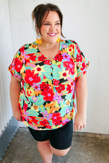 Multicolor Tropical Floral V Neck Drop Shoulder Top (Open Pack)