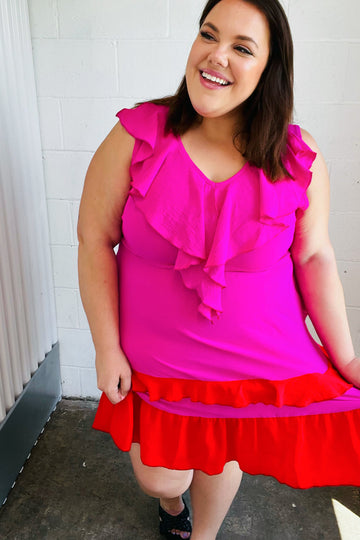 Fuchsia Ruffle V Neck Crepe Tiered Midi Dress (Open Pack)