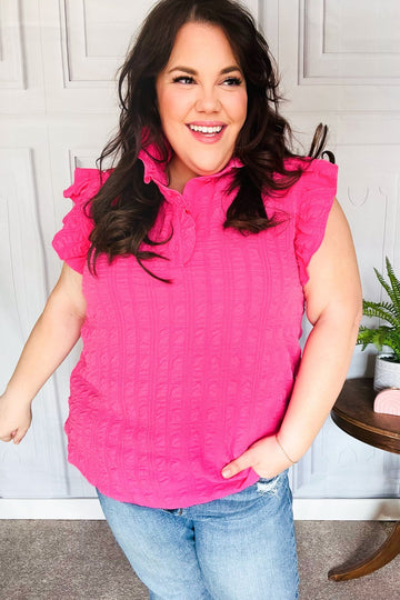 Glamorous In Hot Pink Textured Ruffle Mock Neck Top (Open Pack)