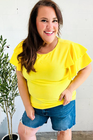 Lovely In Yellow Tiered Double Ruffle Sleeve Woven Top (Open Pack)
