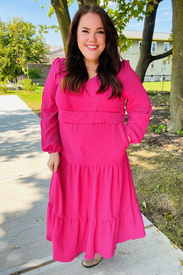 Beautiful You Berry Pintuck Detail Frill V Neck Maxi Dress (Open Pack)