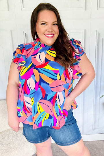Tropical Vibes Blue & Pink Mock Neck Flutter Sleeve Top (Open Pack)
