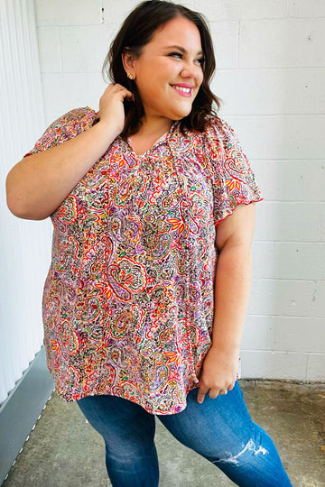 Plum Multicolor Boho Paisley Tie Neck Dolman Top (Open Pack)