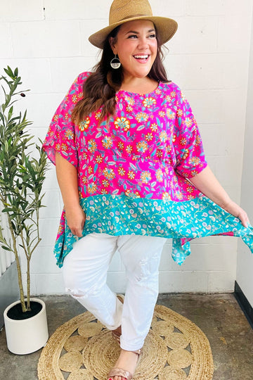 Vacay Ready Fuchsia Paisley Floral Dolman Sleeve Shark Bite Top (Open Pack)