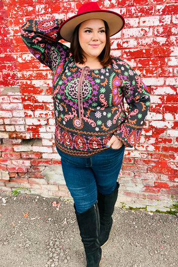 Take The Leap Black & Mauve Border Print Boho Tie Top (Open Pack)