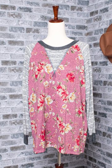 Mauve Multi Floral Stripe Raglan Triangle Detail Blouse