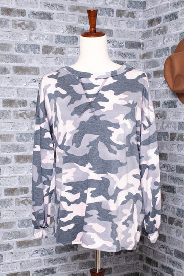 Grey Pink Camo Loose Fit Terry Reverse Stitch Top