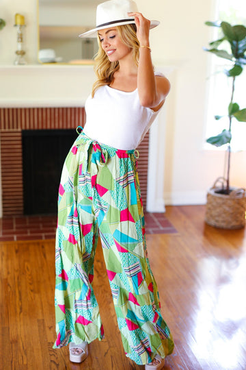 PLUS Feeling Couture Ivory & Mint Corded Geo Print Wide Leg Jumpsuit (Open Pack)