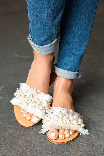 Ivory Linen Fray Beaded Faux Pearl Slide Sandal (Open Pack)