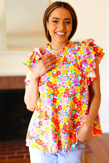 Flower Power Ivory & Red Floral Mock Neck Flutter Sleeve Top (Open Pack)